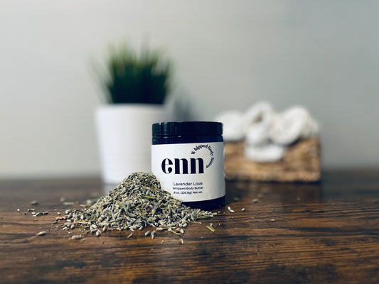 Lavender Love jar with lavender buds in foreground